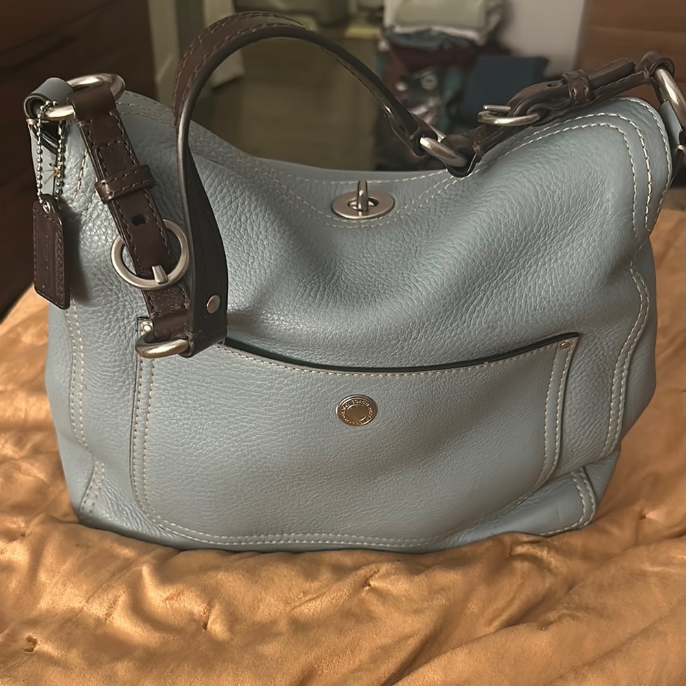 Chelsea Coach Blue and Brown Leather Shoulder Bag with Sophisticated Design